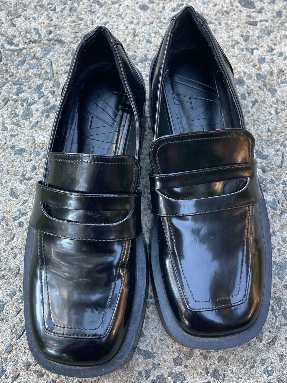 Zara Black Glossy Penny Loafers Square Toe Chunky Heel Women’s Size 38
